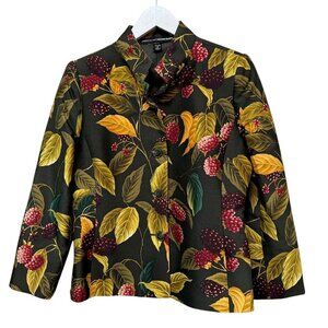 ELLEN TRACY Linda Allard Blazer Jacket 8 Petite Olive Green Silk Wool Leaf Print